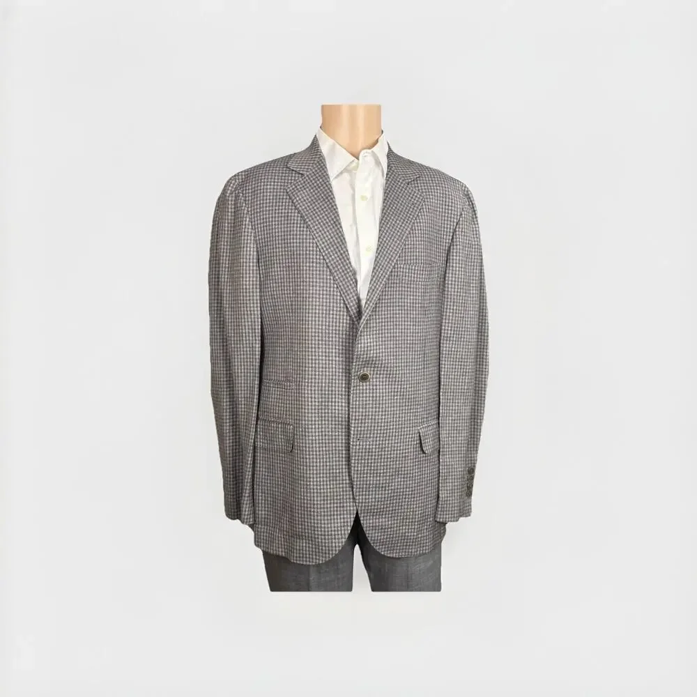 Brunello Cucinelli Linen Wool Silk Gingham Plaid Check Blazer Jacket 52/42 Gray